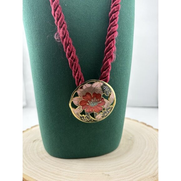 Vtg Cloisonné Floral Pendant Necklace Red Enamel Flower W/Gold Burgundy Cord - Picture 2 of 7
